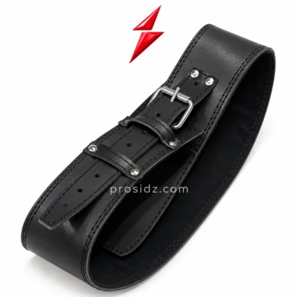 PSI Prosidz Industries Black Weightlifting Belt opened flat with tapered ends, silver buckle and stitched rear inset