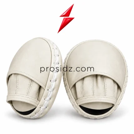 Angled ivory mitt crop showing white perimeter binding and loop stitching; PSI / prosidz industries boxing focus mitts manufacturer image.