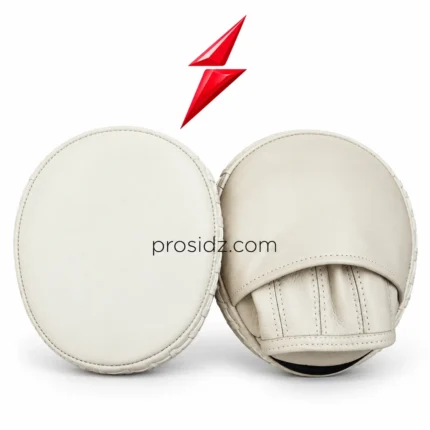 Ivory oval mitt pair with white loop-stitched edges, finger channels, and PSI logo above; prosidz industries boxing focus mitts manufacturer presentation.
