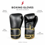 PSI prosidz industries Boxing Gloves Factory four image closeup grid showing black texture, palm stitching, wrist strap, and gold binding.