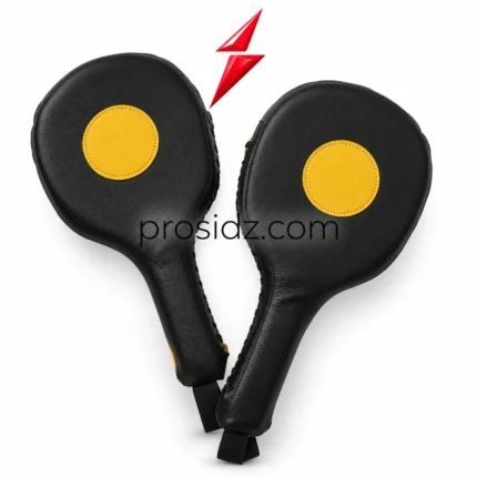 Black-and-yellow paddle pair with circular stitched targets and long handles, PSI logo above; PROSIDZ Industries Boxing Paddles Manufacturer presentation.