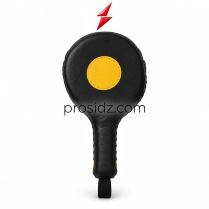 Single black paddle with yellow circular target, stitched edge, and wrist loop beneath a red PSI logo; PROSIDZ Industries Boxing Paddles Manufacturer image.