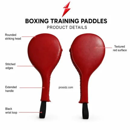 SI prosidz industries red boxing paddles with labels identifying the rounded heads, textured surface, stitched edges, handles and wrist loops.