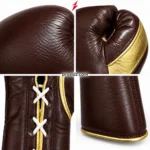 Four close-ups of brown knuckles, gold thumb panel, white laces and stitched cuff trim, PSI Prosidz Industries, Boxing Gloves Manufacturer Sialkot.