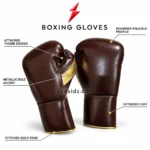 PSI Prosidz Industries brown-and-gold glove feature graphic showing attached thumb, rounded knuckles and extended cuffs, Boxing Gloves Manufacturer Sialkot.