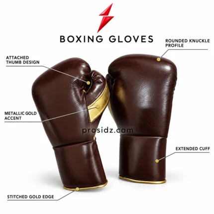 PSI Prosidz Industries brown-and-gold glove feature graphic showing attached thumb, rounded knuckles and extended cuffs, Boxing Gloves Manufacturer Sialkot.