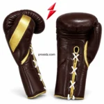 Brown gloves with white cross laces and gold-edged cuffs beneath the PSI emblem, from Prosidz Industries, Boxing Gloves Manufacturer Sialkot.