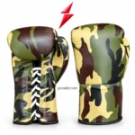 Bulk Lace Up Boxing Gloves in olive, tan, brown and black camouflage, showing white laces and extended cuffs beneath the red PSI logo for Prosidz Industries.