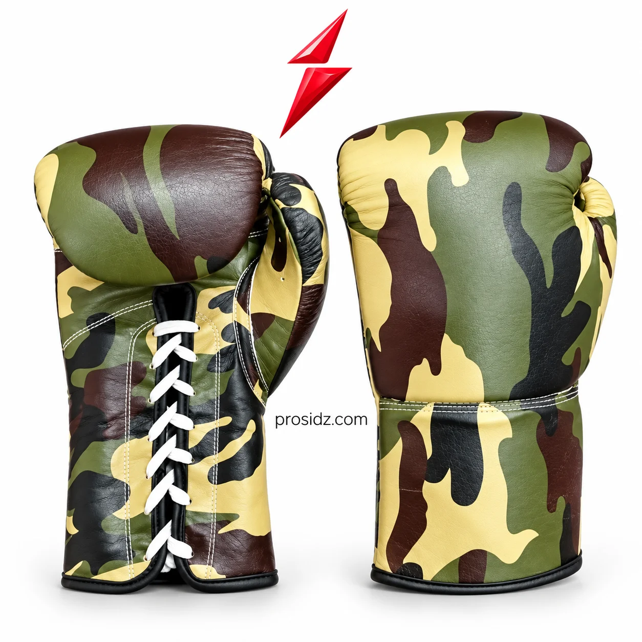 psi-prosidz-industries-bulk-lace-up-boxing-gloves-camo-pair Bulk Lace Up Boxing Gloves in olive, tan, brown and black camouflage, showing white laces and extended cuffs beneath the red PSI logo for Prosidz Industries.