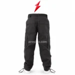 PSI Prosidz Industries cargo joggers front view in black with tonal stitching, side utility pockets, belt loops, ankle ties and red PSI logo above.