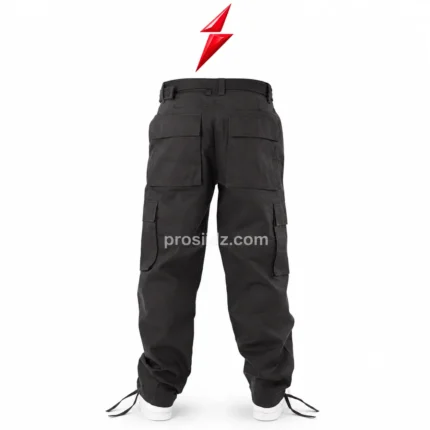 PSI Prosidz Industries cargo joggers front view in black with tonal stitching, side utility pockets, belt loops, ankle ties and red PSI logo above.