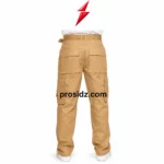 Cargo Joggers manufacturer close-up showing khaki woven adjustable belt, metal buckle, belt loops and waistband stitching from PSI ProSidz Industries.