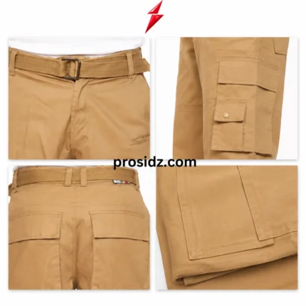 Cargo Joggers manufacturer khaki front view with matching belt, side cargo flap pockets, relaxed straight legs and PSI ProSidz Industries presentation.