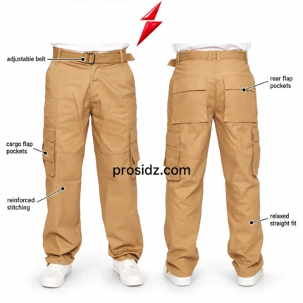 Cargo Joggers manufacturer rear view in khaki with twin large flap pockets, belt loops and stitched seat panels by PSI ProSidz Industries.