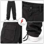 PSI Prosidz Industries cargo joggers close-up showing black rectangular cargo pocket, flap panel, tonal double stitching and clean utility construction.
