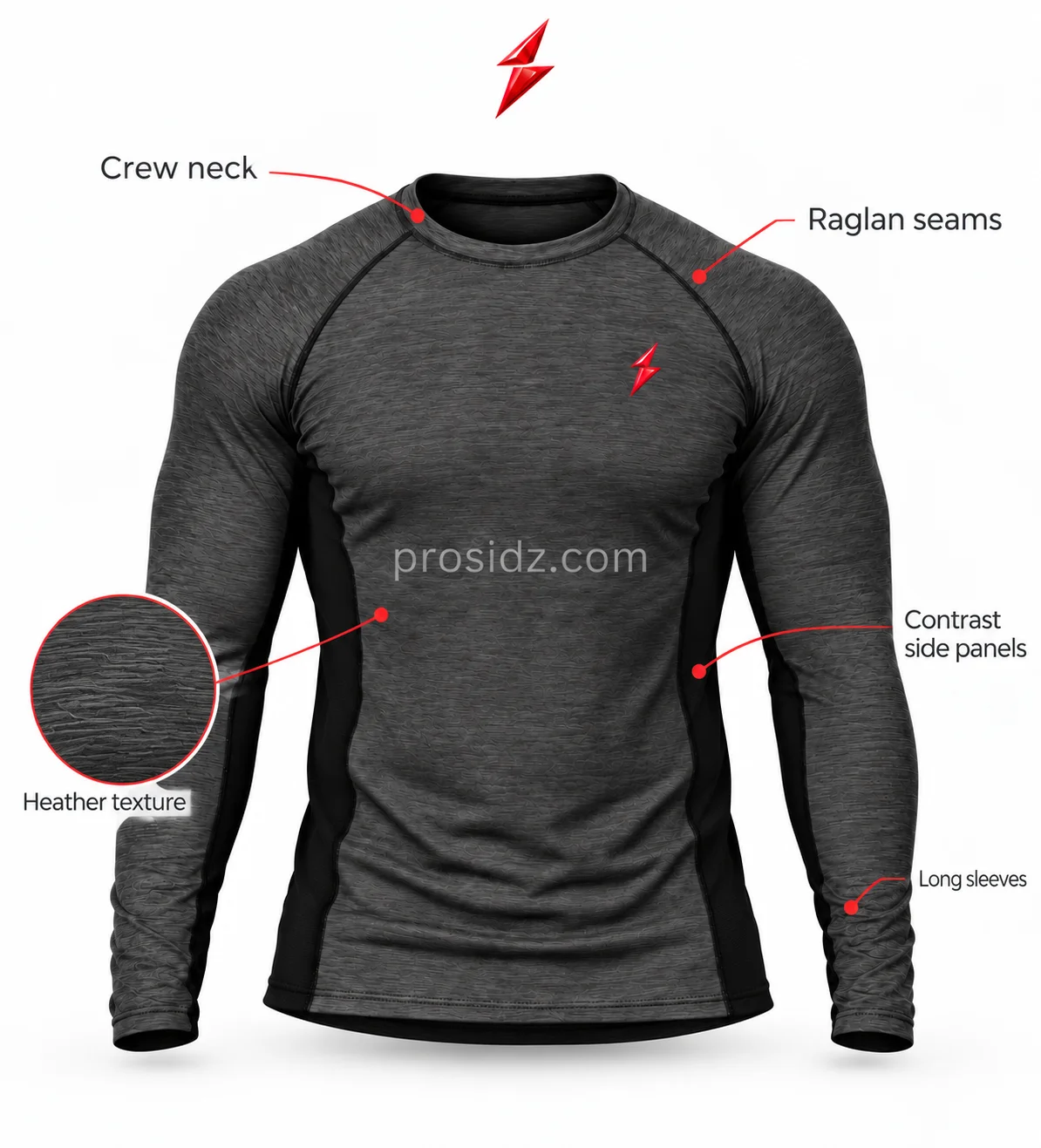 psi-prosidz-industries-charcoal-base-layer-front PSI Prosidz Industries base layer manufacturer back view showing charcoal fabric and raglan seams