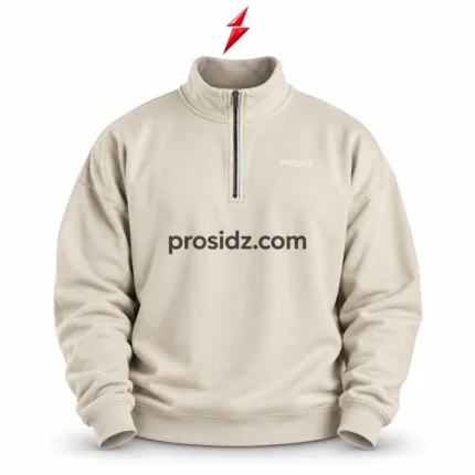 PSI Prosidz Industries men's zip sweatshirt front view in cream with black quarter zipper, stand collar, ribbed hem and white chest logo