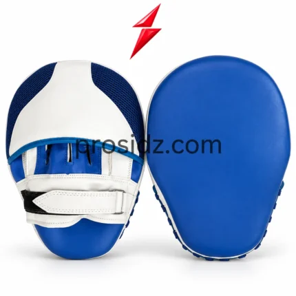 PSI prosidz industries Custom boxing mitts showing a blue striking face and white rear panels beneath a red PSI logo
