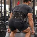 PSI Prosidz Industries Custom Weightlifting Belts rear view showing black texture, crossing cream seams, silver eyelets, and rivets.