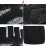 Four closeups of PSI Fingerless Gym Gloves by prosidz industries showing grey mesh, honeycomb palm detailing, finger sections, and wrist strap stitching.
