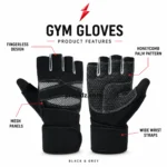 PSI Fingerless Gym Gloves by prosidz industries with labels identifying the fingerless design, mesh panels, honeycomb palm pattern, and wide wrist straps.