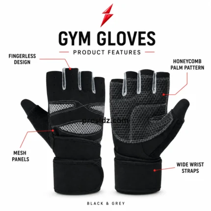 PSI Fingerless Gym Gloves by prosidz industries with labels identifying the fingerless design, mesh panels, honeycomb palm pattern, and wide wrist straps.