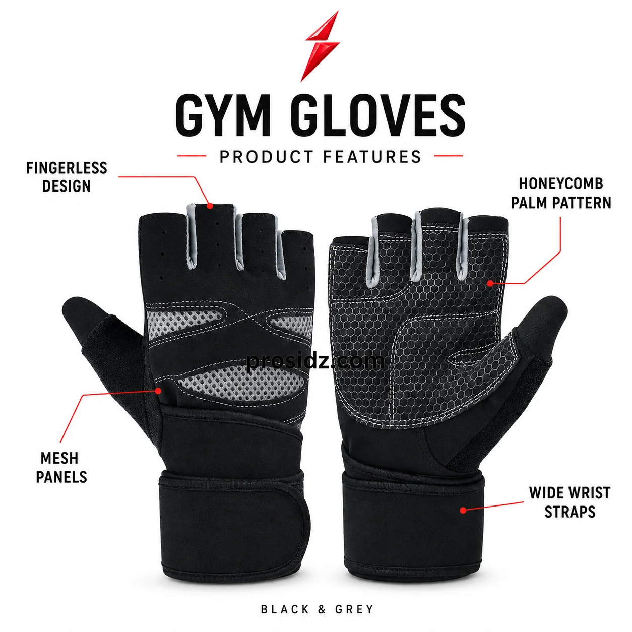 psi-prosidz-industries-fingerless-gym-gloves-features PSI Fingerless Gym Gloves by prosidz industries with labels identifying the fingerless design, mesh panels, honeycomb palm pattern, and wide wrist straps.