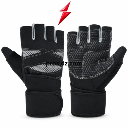 PSI Fingerless Gym Gloves by prosidz industries in black and grey, showing mesh back panels and honeycomb palm detailing with a red logo above.