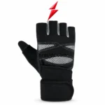Single black and grey PSI Fingerless Gym Glove by prosidz industries with mesh panels, light grey finger binding, and a red logo above.