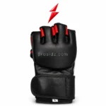 Single black and red Fingerless MMA Gloves product by PSI prosidz industries with a padded knuckle panel, stitched wrist strap, and PSI logo above.