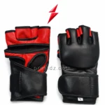 PSI prosidz industries Fingerless MMA Gloves in black and red showing palm openings, padded backs, and wide wrist straps beneath the PSI logo.