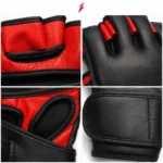Four close up views of PSI prosidz industries Fingerless MMA Gloves showing red finger panels, black padding, palm openings, and wrist stitching.