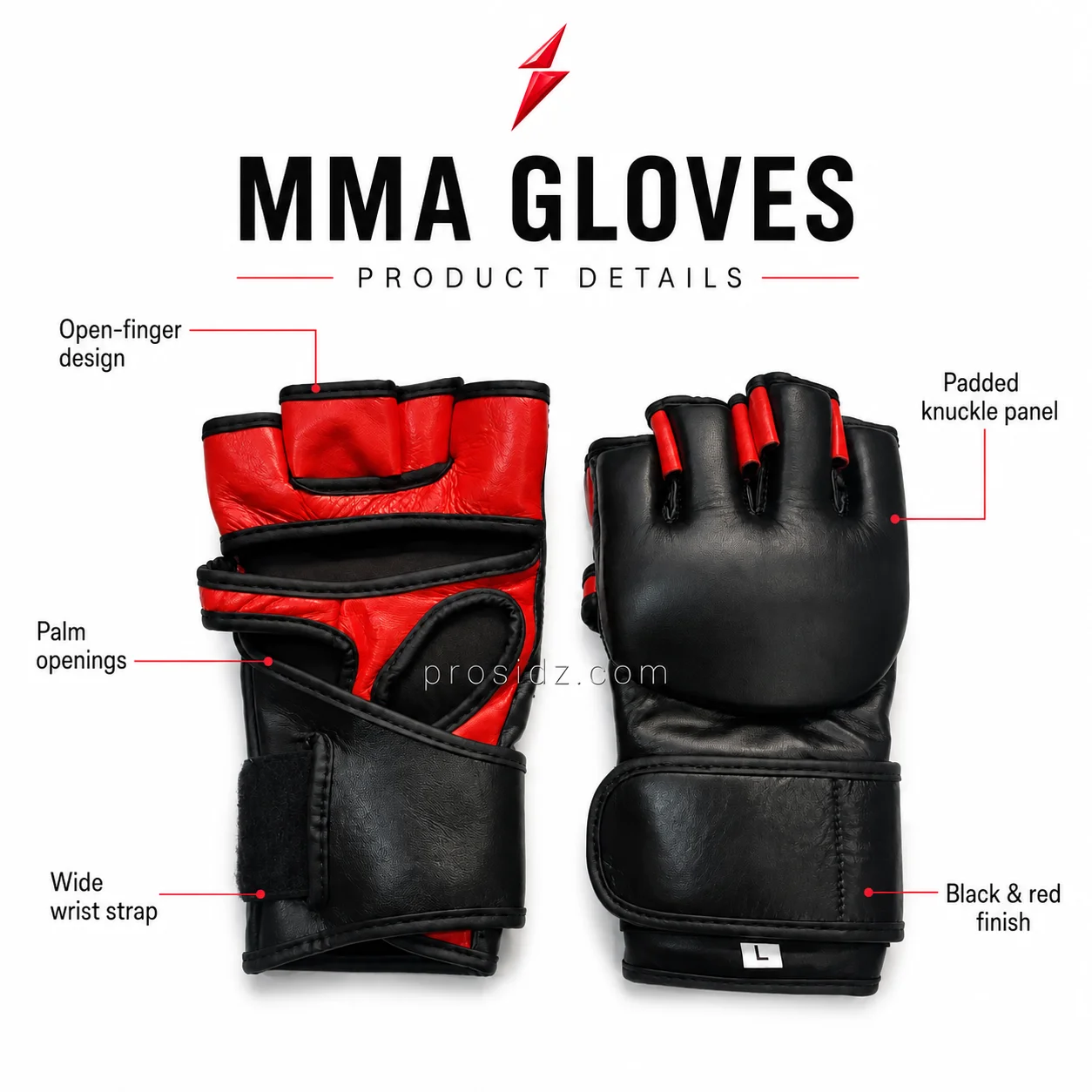 psi-prosidz-industries-fingerless-mma-gloves-single-glove-detail PSI prosidz industries Fingerless MMA Gloves with callouts highlighting finger openings, knuckle padding, palm openings, and wrist straps.