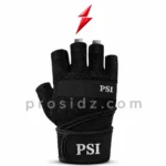 PSI gym gloves by prosidz industries with black mesh backs, grey patterned palms, stitched cuffs, and white embroidered branding.