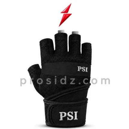 PSI gym gloves by prosidz industries with black mesh backs, grey patterned palms, stitched cuffs, and white embroidered branding.