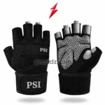 PSI gym gloves by prosidz industries showing black mesh panels, grey finger tabs, dotted palms, and embroidered wrist closures.