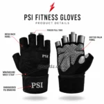 Four close-ups of PSI gym gloves by prosidz industries showing mesh, grey palm dots, finger seams, and white cuff embroidery.