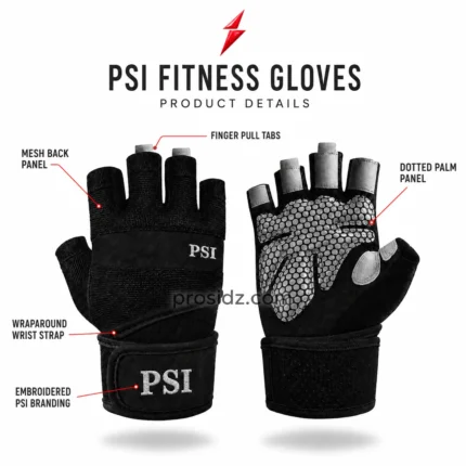 Four close-ups of PSI gym gloves by prosidz industries showing mesh, grey palm dots, finger seams, and white cuff embroidery.
