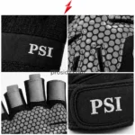 alm detail of PSI gym gloves by prosidz industries showing grey circular patterns, shaped stitched sections, and grey finger patches.