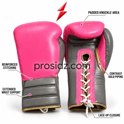 PSI Prosidz Industries Lace-Up Boxing Gloves with pink lace channel, white laces, grey palm, and ventilation holes