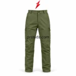 Mens cargo pants olive green front view with button waistband, belt loops, slanted pockets, zip cargo storage and PSI ProSidz Industries branding.