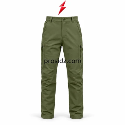 Mens cargo pants olive green front view with button waistband, belt loops, slanted pockets, zip cargo storage and PSI ProSidz Industries branding.