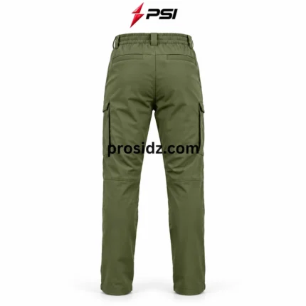 Mens cargo pants olive green rear view with elastic waistband, twin welt pockets, straight legs and PSI ProSidz Industries branding.