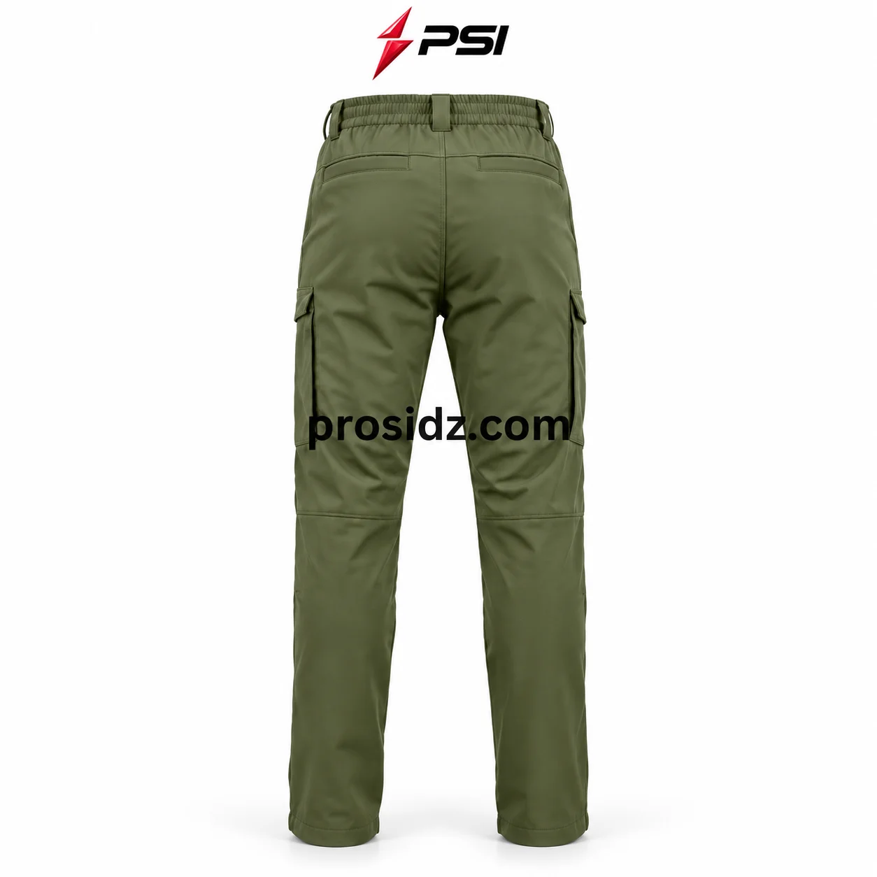 psi-prosidz-industries-mens-cargo-pants-olive-rear Mens cargo pants olive green rear view with elastic waistband, twin welt pockets, straight legs and PSI ProSidz Industries branding.