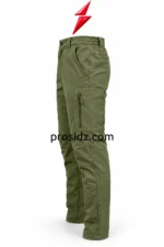 Mens cargo pants olive side profile with large zippered thigh pocket, angled hand pocket, knee seams and PSI ProSidz Industries branding.