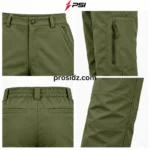 Mens cargo pants olive green detail showing button waist, belt loops, elastic rear section, articulated knee stitching and PSI ProSidz Industries branding.