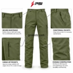 Mens cargo pants close-up in olive green showing tonal zip cargo pocket, stitched pocket panel and PSI ProSidz Industries branding.