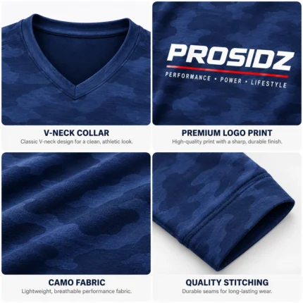 PSI Prosidz Industries mens workout shirts front view in navy blue camouflage with V-neck, long sleeves and white chest logo