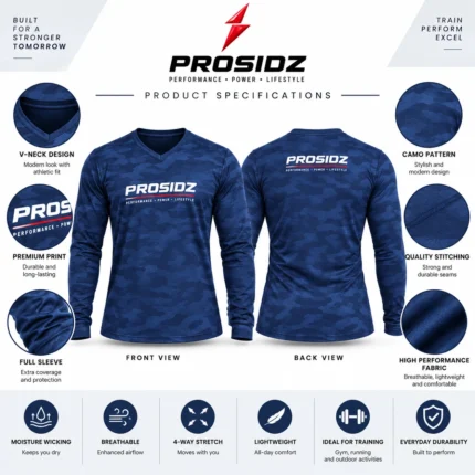 PSI Prosidz Industries mens workout shirts back view with navy camouflage panels, long sleeves and PROSIDZ upper-back logo