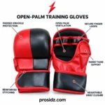 PSI and prosidz industries MMA Gloves Wholesale feature image showing red-and-black gloves with callouts for knuckle padding, finger loops and wrist closure.